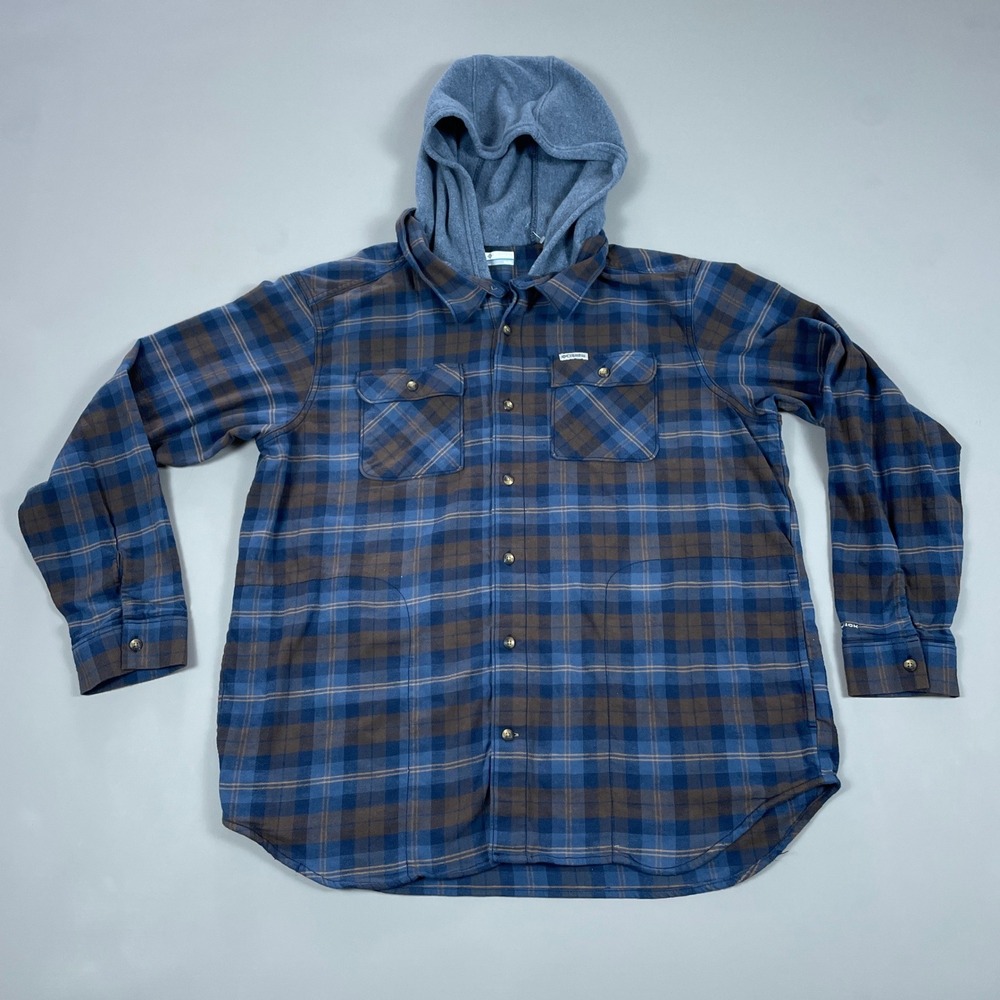 Columbia Mens XL Omni-Wick Hooded Flannel Shirt Blue Brown Plaid Hooded Jacket
